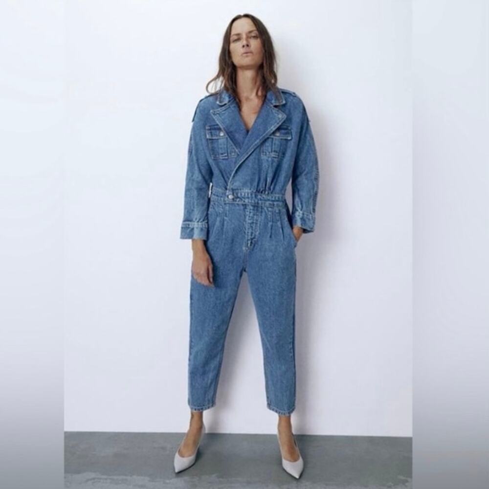Zara The 80’s Jumpsuit Denim Boiler Suit Blue XS Utility Jean Romper